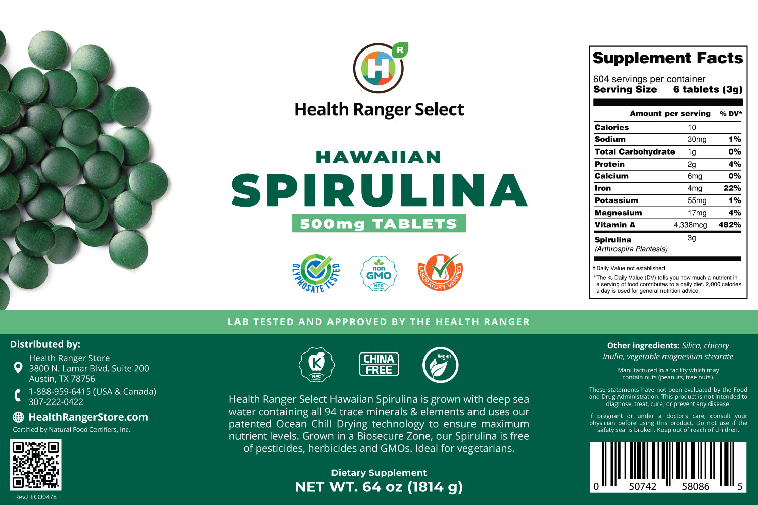 Hawaiian Spirulina Cold Pressed 500mg Tablets (64oz, 1814g), approximately 3628 tablets (