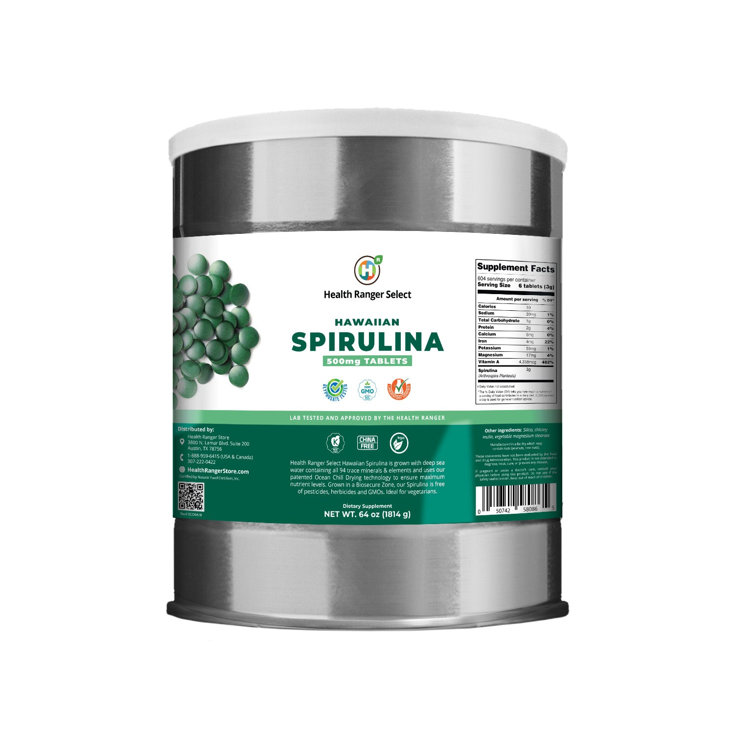 Hawaiian Spirulina Cold Pressed 500mg Tablets (64oz, 1814g), approximately 3628 tablets (