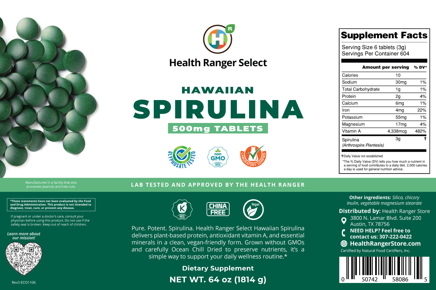 Hawaiian Spirulina Cold Pressed 500mg Tablets (64oz, 1814g), approximately 3628 tablets (