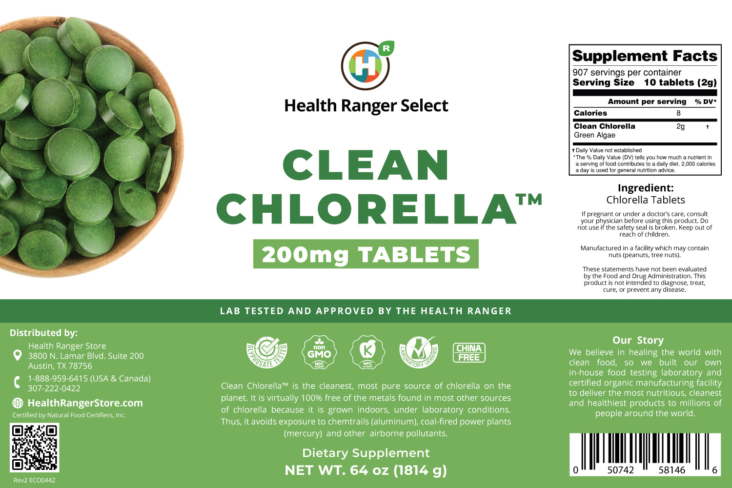 Clean Chlorella 200mg Tablets (64oz, 1814g)