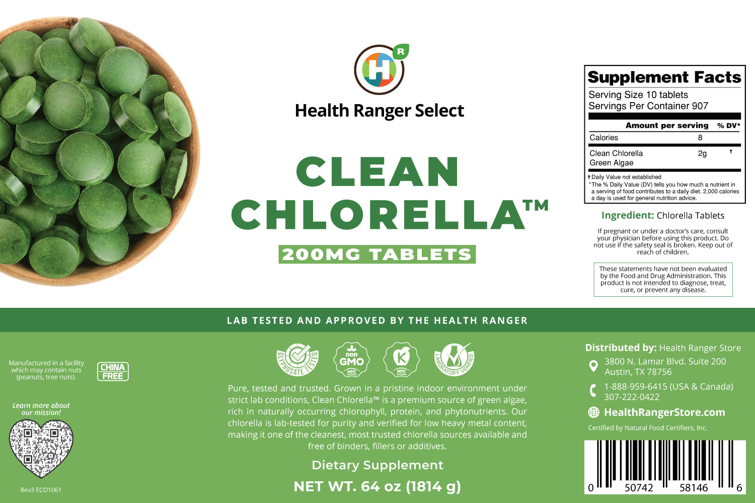 Clean Chlorella 200mg Tablets (64oz, 1814g)