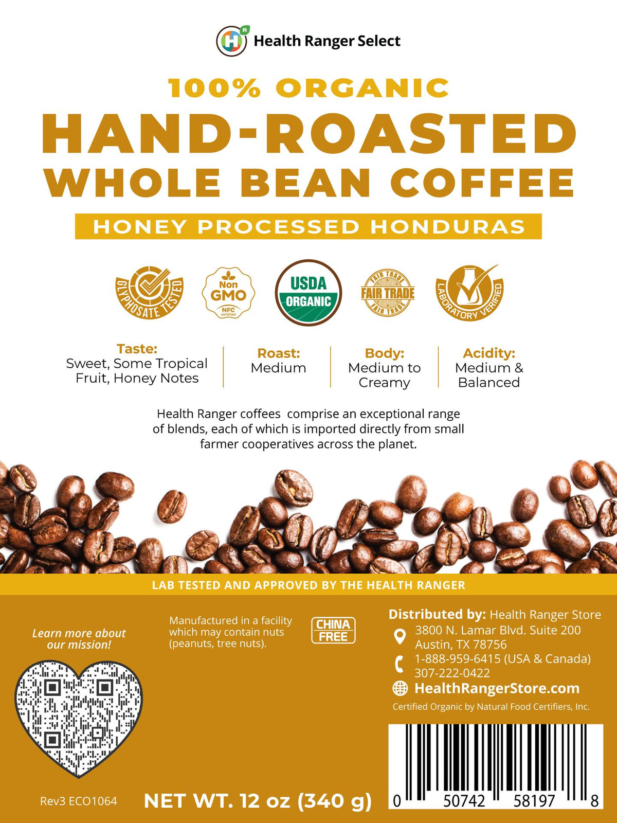 100% Organic Hand-Roasted Whole Bean Coffee (Honey Processed Honduras) 12oz, 340g
