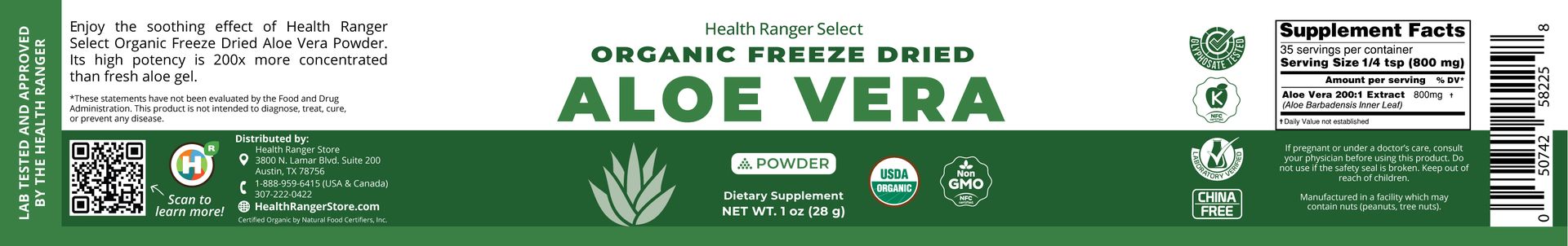 Organic Freeze Dried Aloe Vera 200:1 Extract Powder 1 oz (28g)