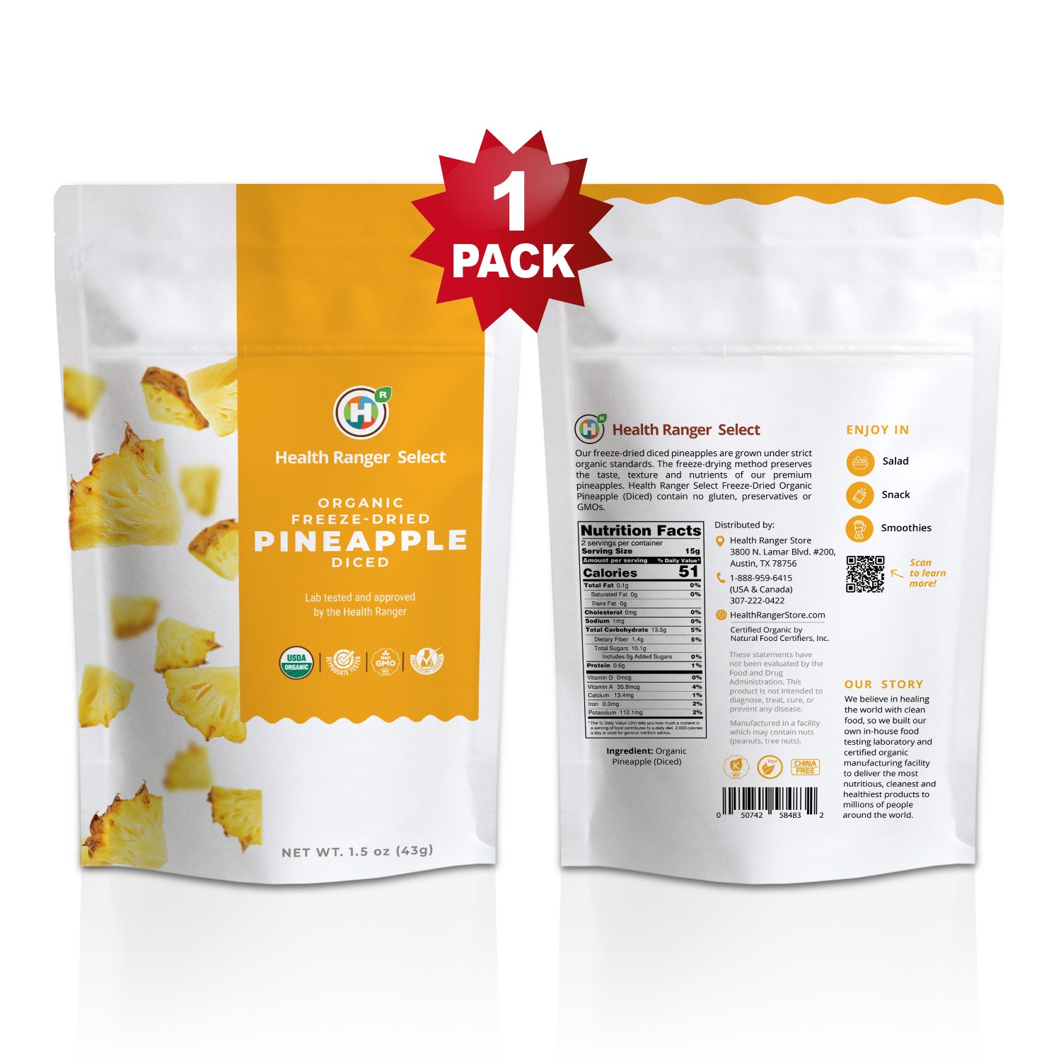 Organic Freeze Dried Pineapple 1.5oz (43g)