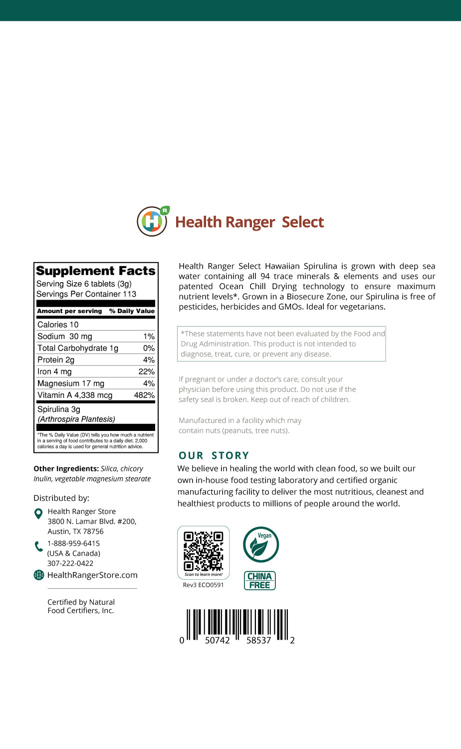 Hawaiian Spirulina Cold Pressed 500mg Tablets 12 oz (340g)