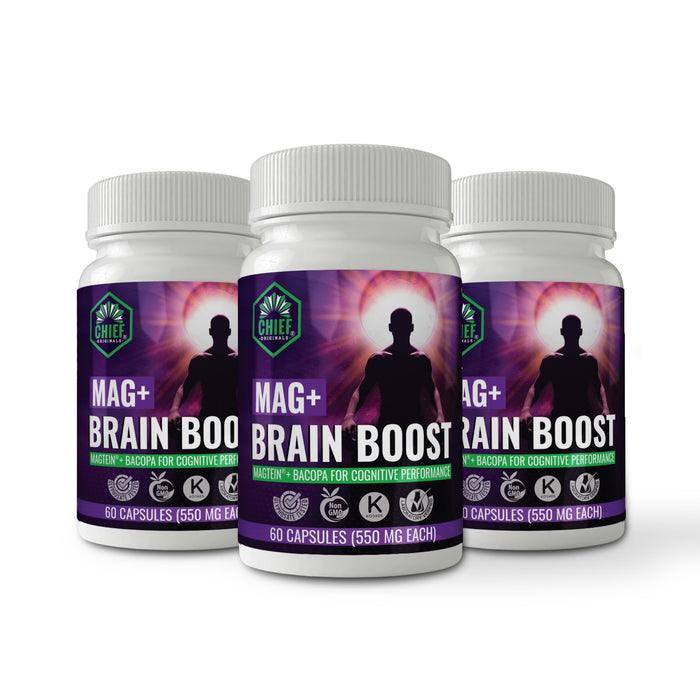 Mag+ Brain Boost Nootropic (Magtein + Bacopa for Cognitive Performance) 60 Capsules (550mg Each) (3-Pack)