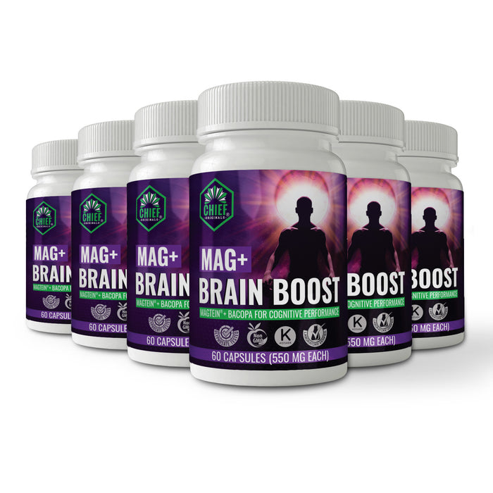 Mag+ Brain Boost Nootropic (Magtein + Bacopa for Cognitive Performance) 60 Capsules (550mg Each) (6-Pack)