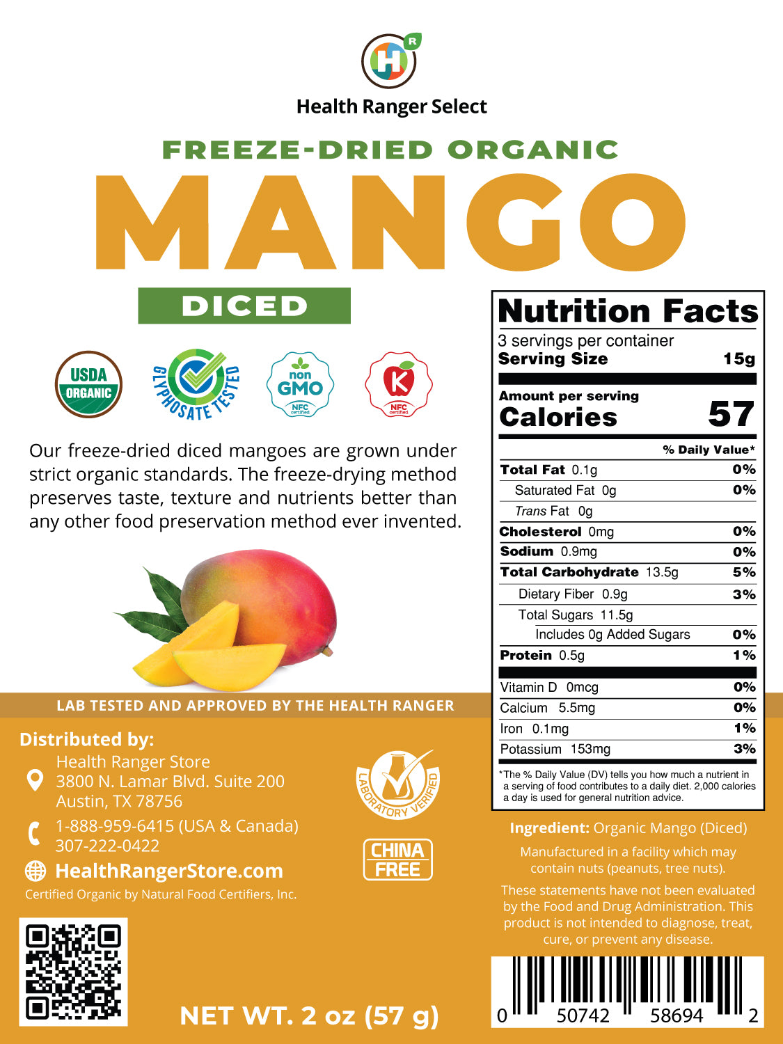 Organic Freeze-Dried Mango Diced 2 oz (57g)