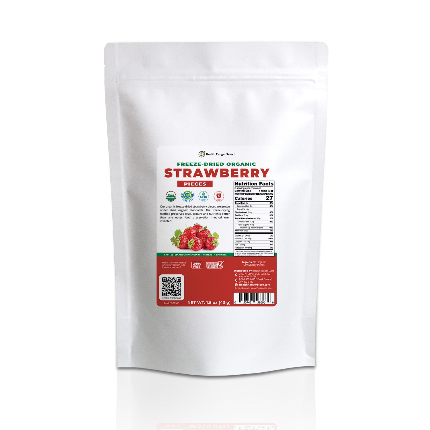 Freeze-Dried Organic Strawberry Pieces 1.5 oz (43 g)