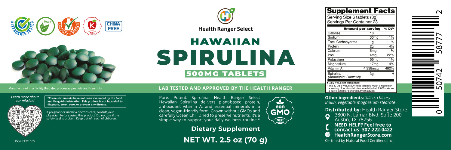 Hawaiian Spirulina Cold Pressed 500mg Tablets 2.5oz (70g)