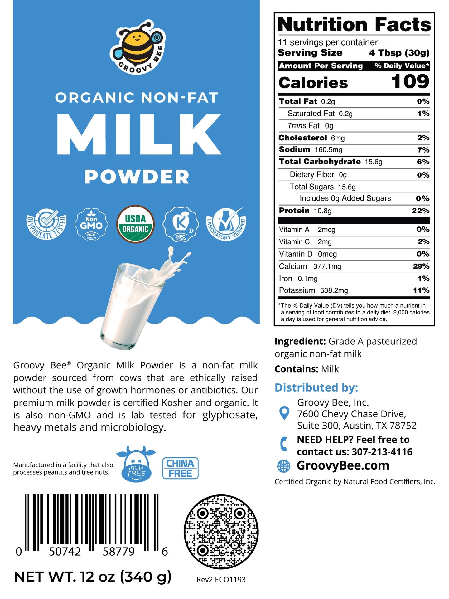 Organic Non-Fat Milk Powder 12 oz (340 g)