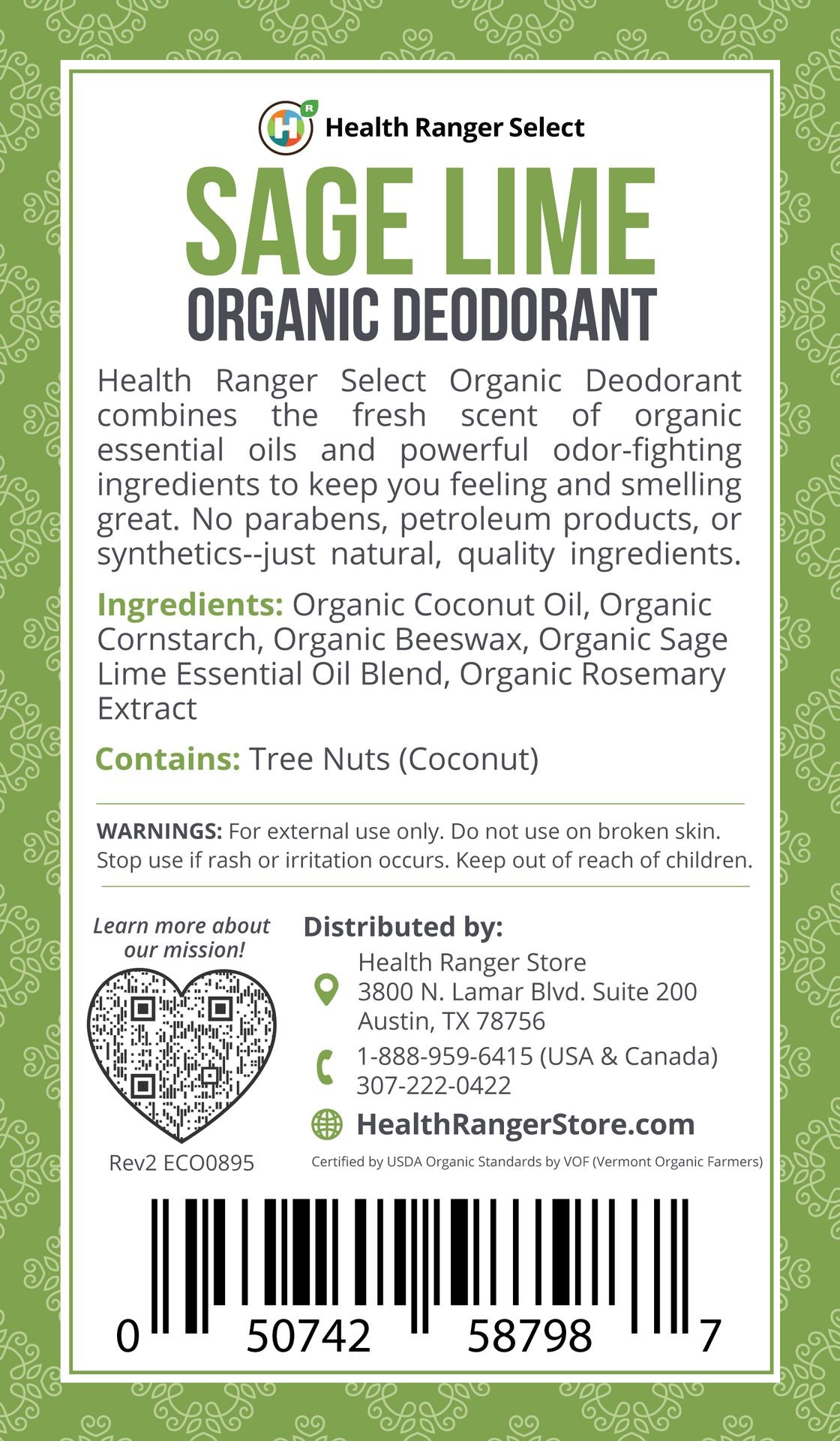 Organic Sage Lime Deodorant 3 oz (90 g)