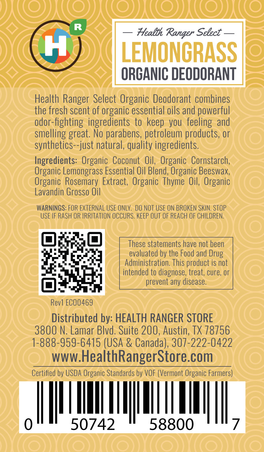 Organic Lemongrass Deodorant 3oz (90g)