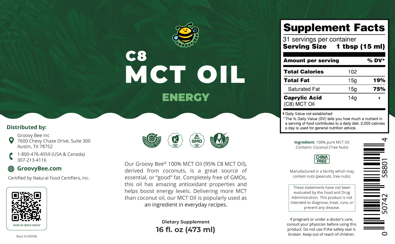 100% MCT Oil (95% C8 MCT Oil) - Energy 16 fl oz (473 ml)