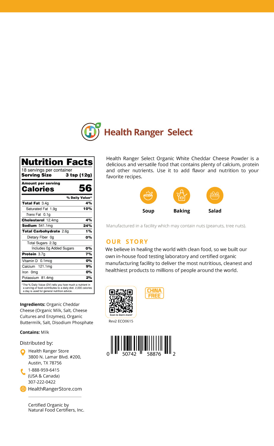 Organic White Cheddar Cheese Powder 8 oz (227g)