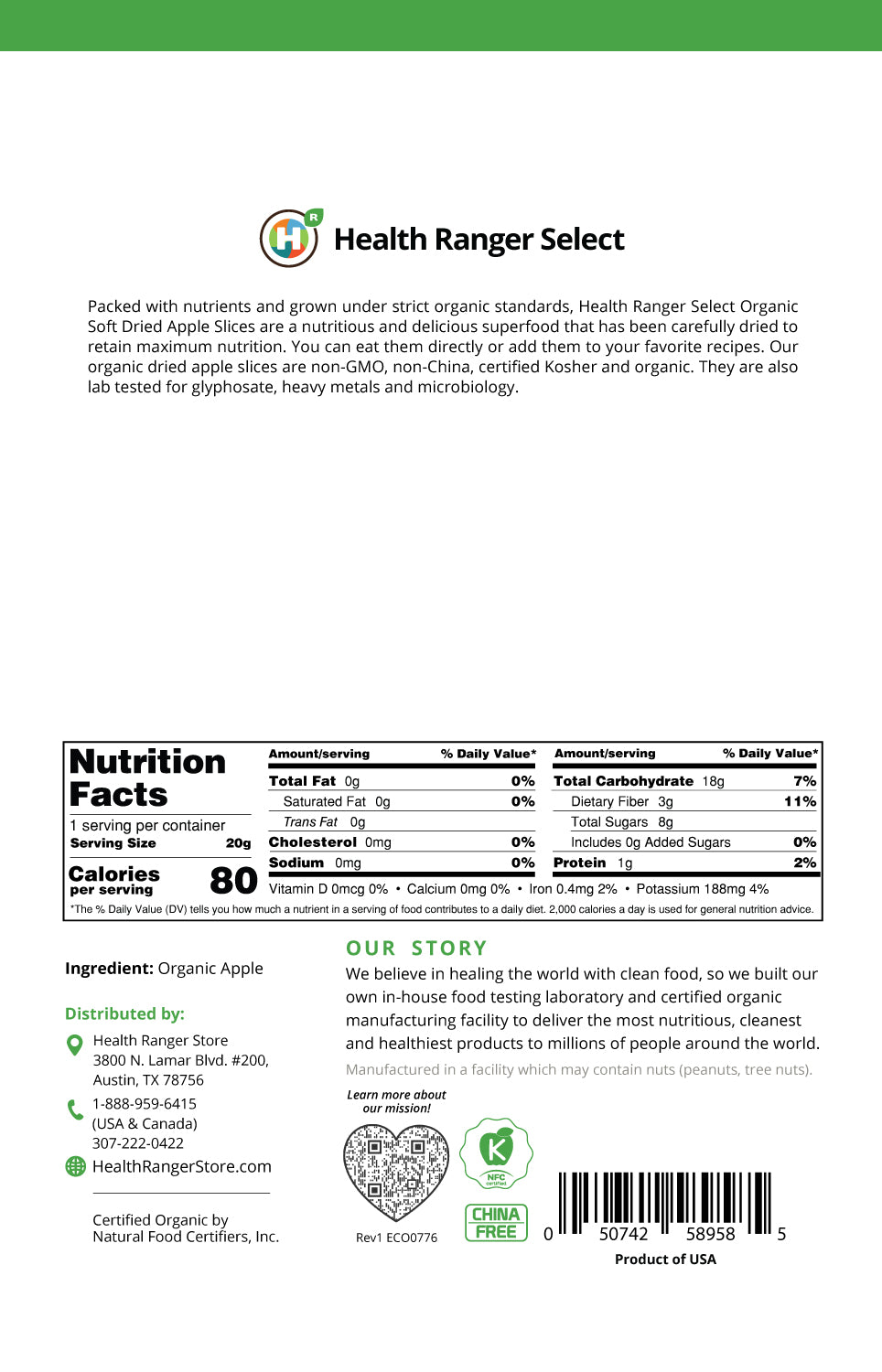 Organic Soft Dried Apple Slices 0.7 oz (20 g) (Best Before Date: Apr 30, 2026)