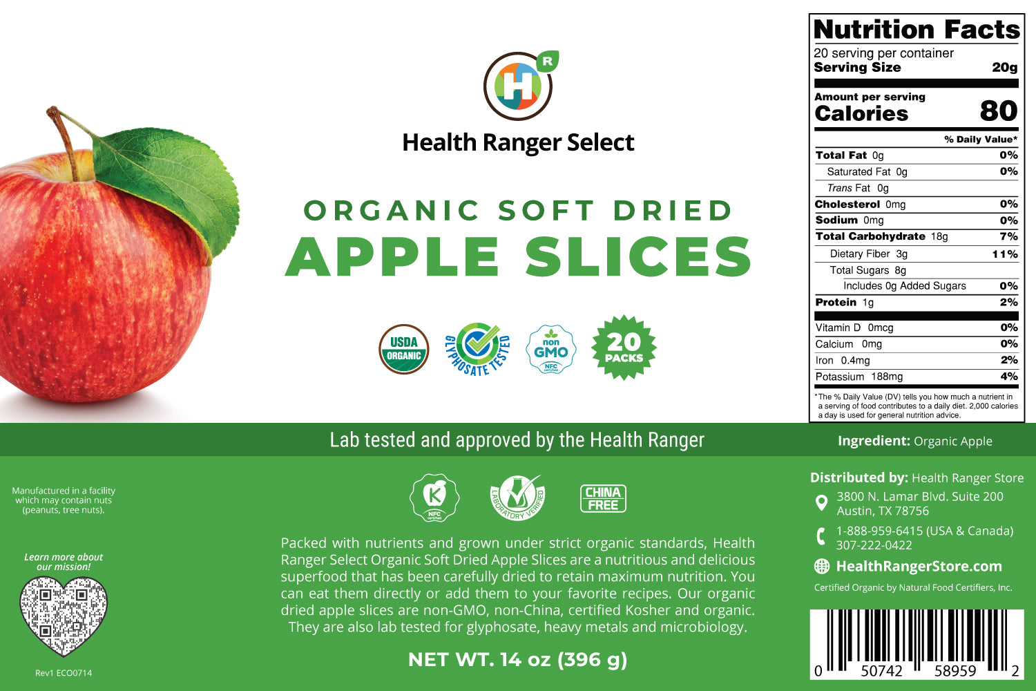 Organic Soft Dried Apple Slices 14 oz (396g)