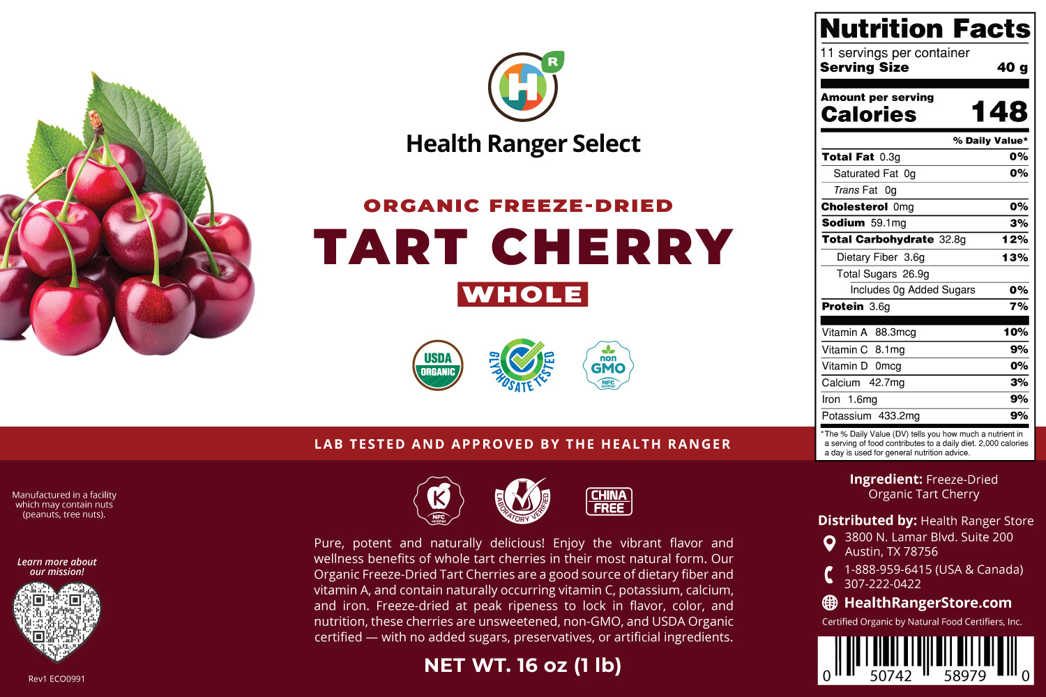 Organic Freeze-Dried Tart Cherry Whole 16 oz (1 Lb)