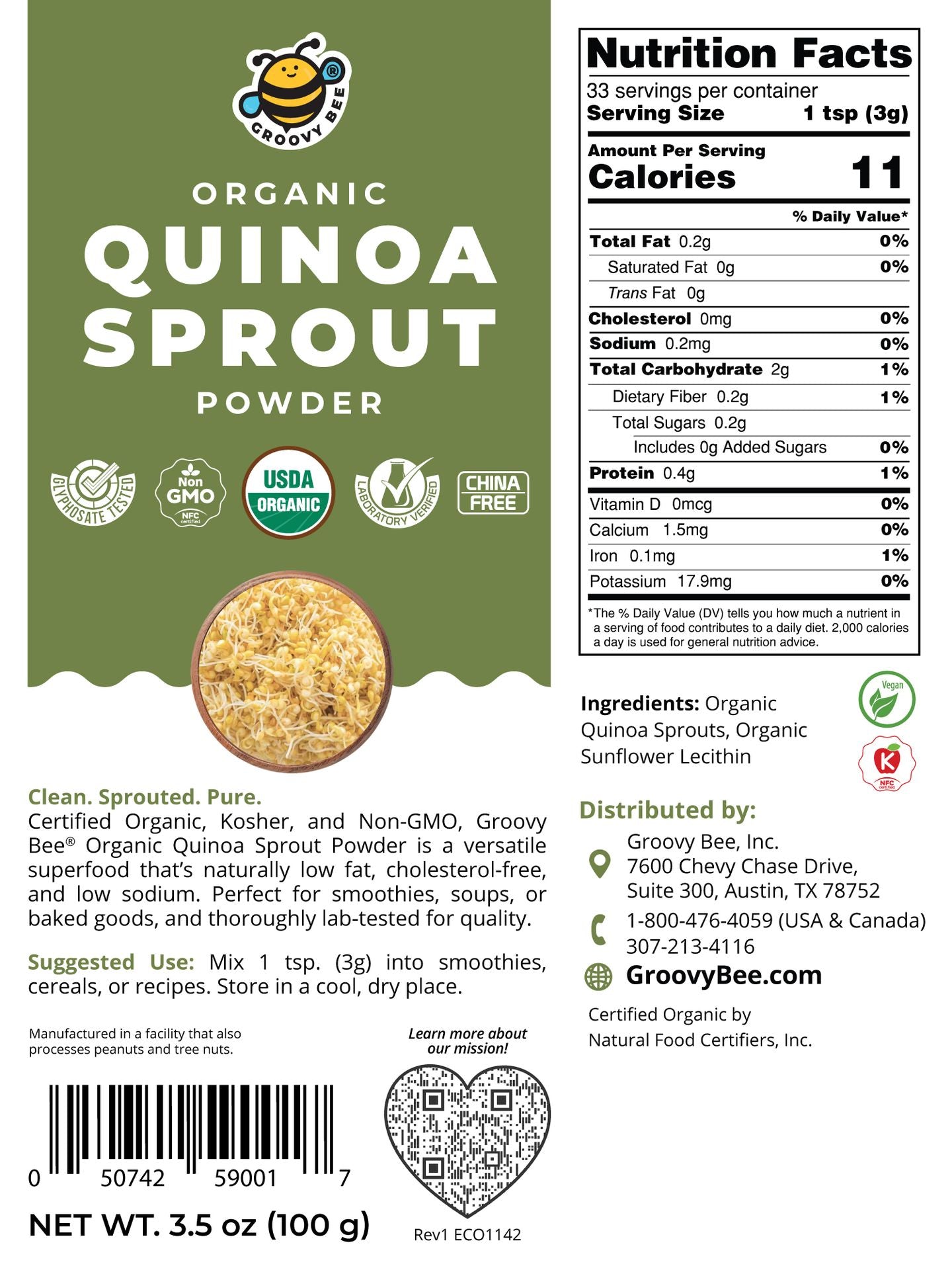 Organic Quinoa Sprout Powder 3.5 oz (100g)