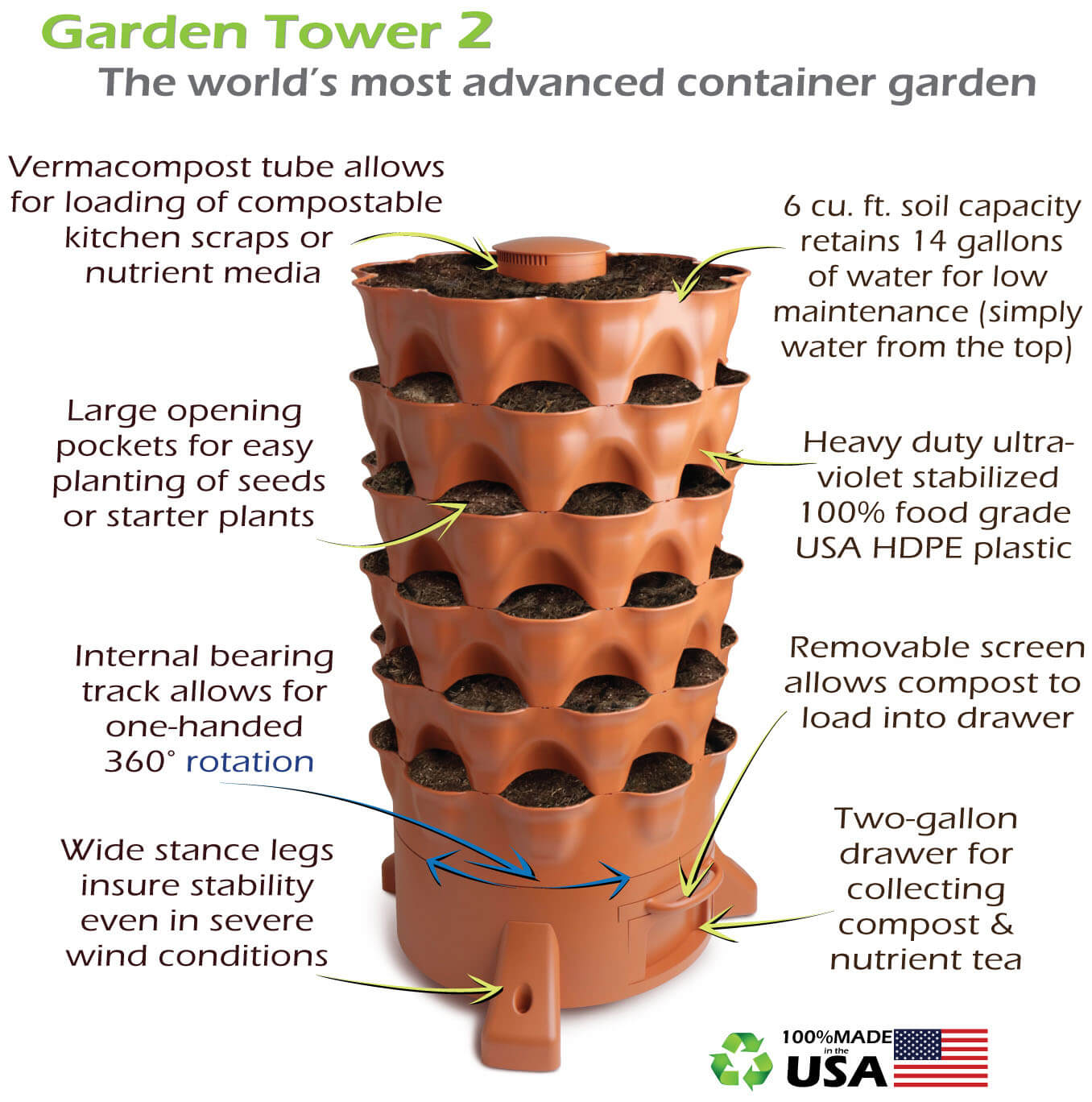 Garden Tower 2™, 50-Plant Composting Vertical Garden Planter
