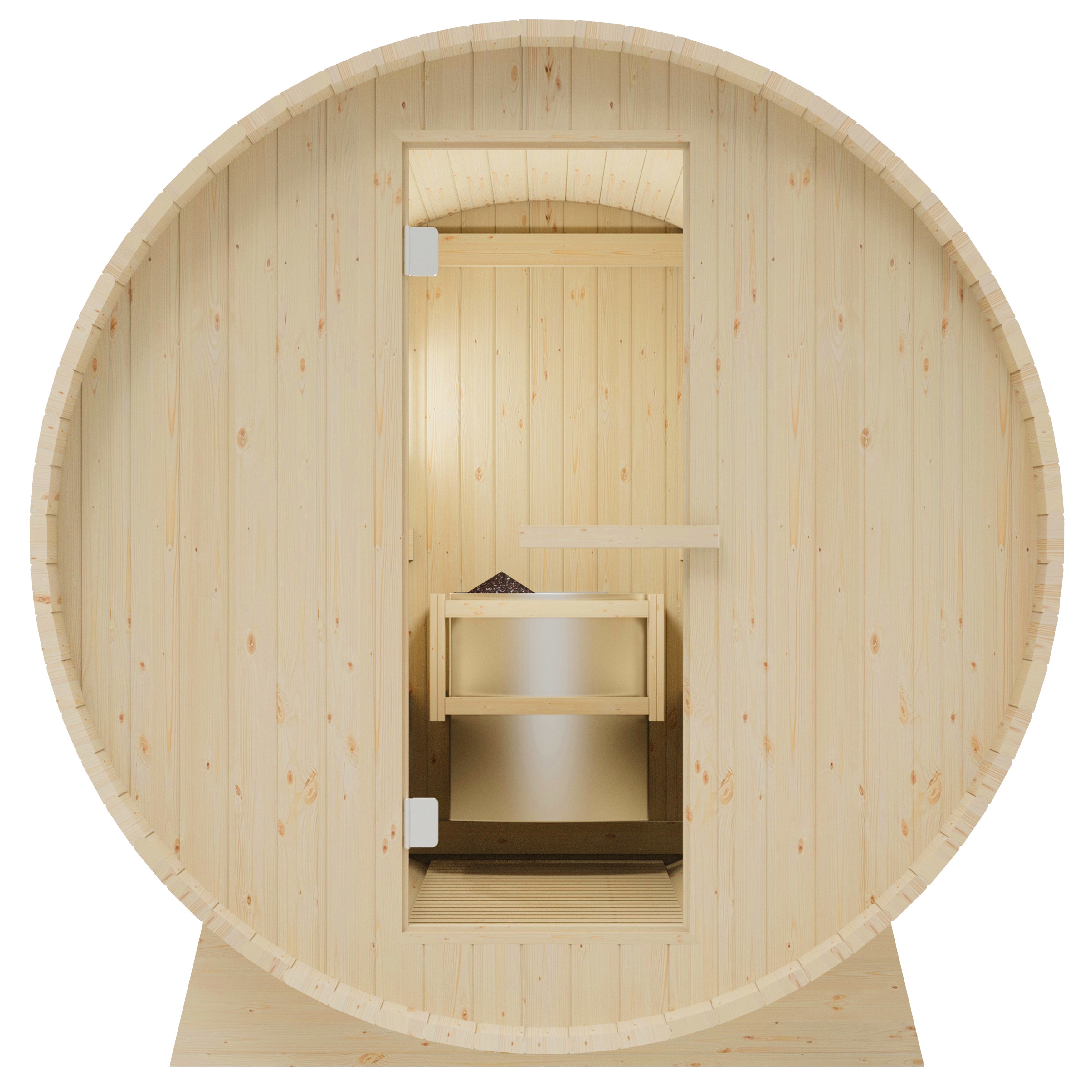 Durasage 4-Person Outdoor Barrel Traditional Steam Sauna with Shingled Roof, Glass Door and 6kW Wet or Dry Harvia Heater and Lava Rocks