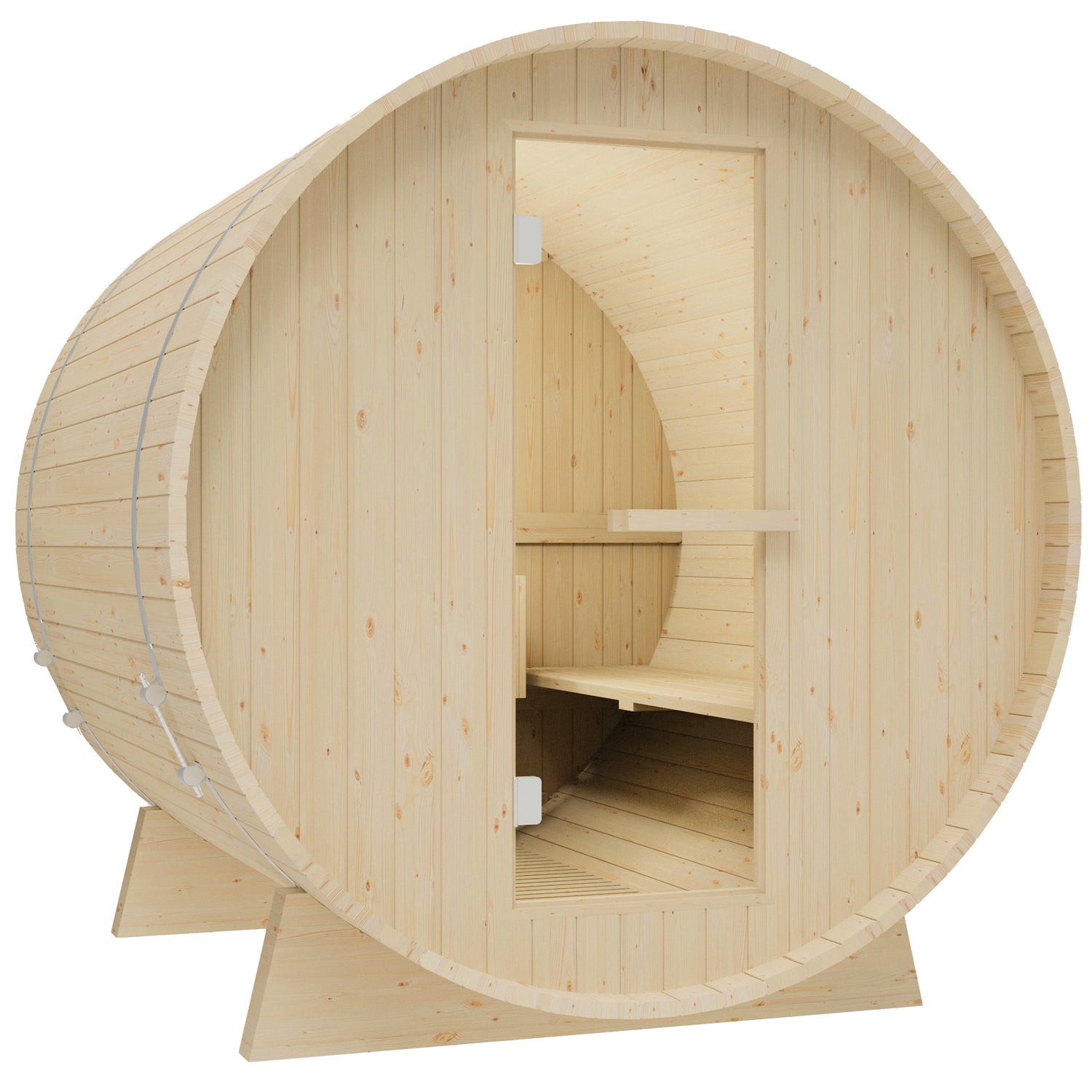 Durasage 4-Person Outdoor Barrel Traditional Steam Sauna with Shingled Roof, Glass Door and 6kW Wet or Dry Harvia Heater and Lava Rocks