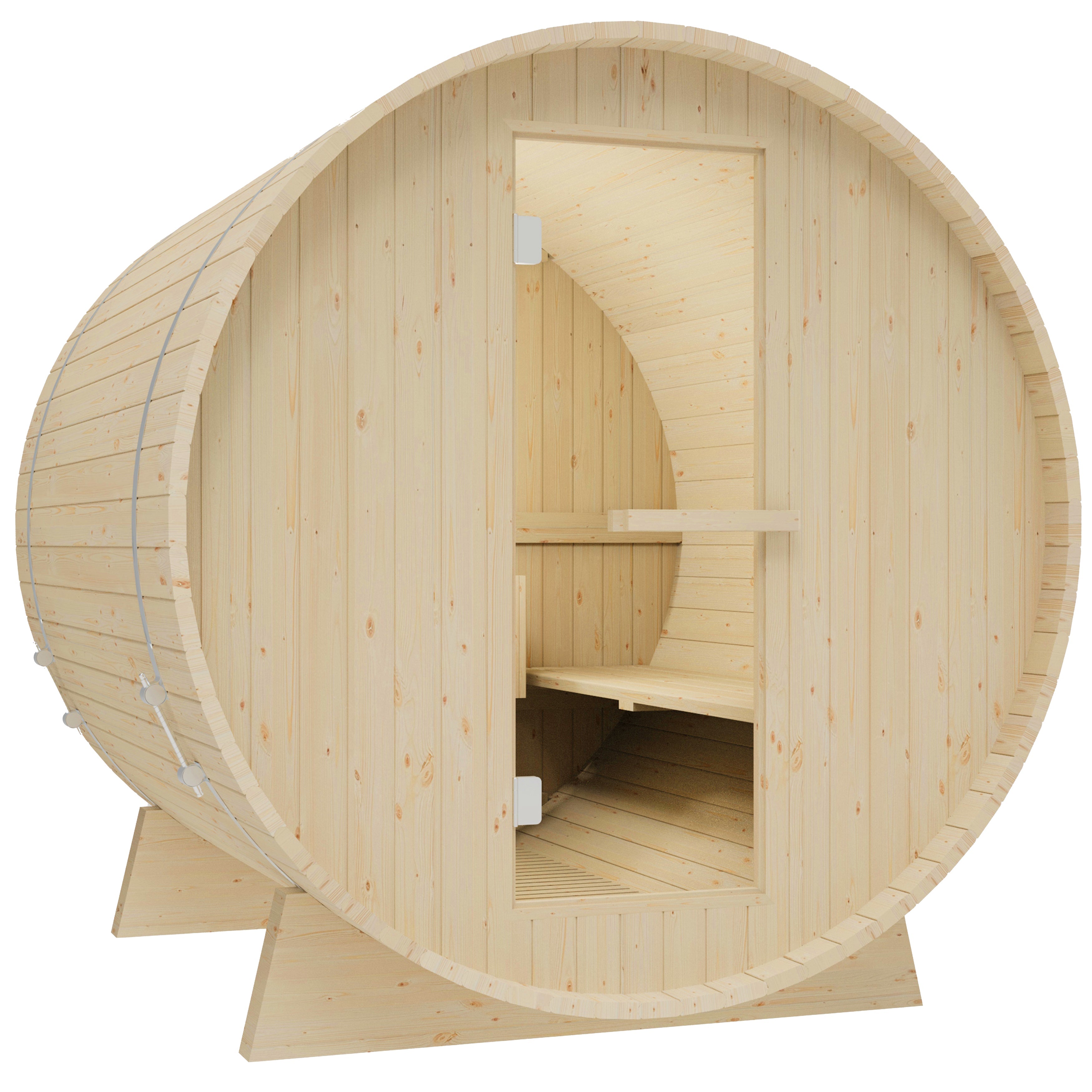 Durasage 4-Person Outdoor Barrel Traditional Steam Sauna with Shingled Roof, Glass Door and 6kW Wet or Dry Harvia Heater and Lava Rocks