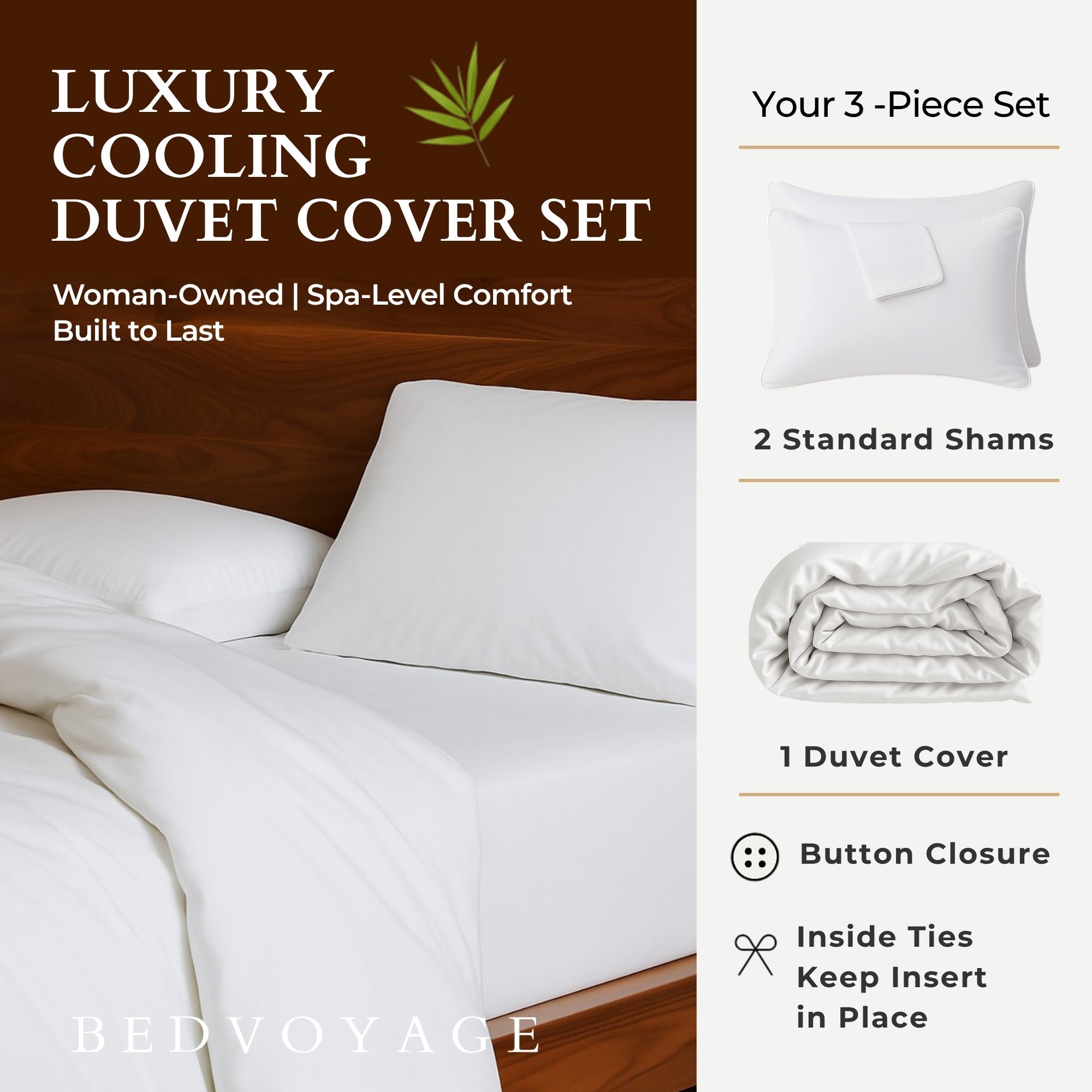 Cooling Bamboo Duvet Cover Set - 100% Viscose from Bamboo - 3pc - White
