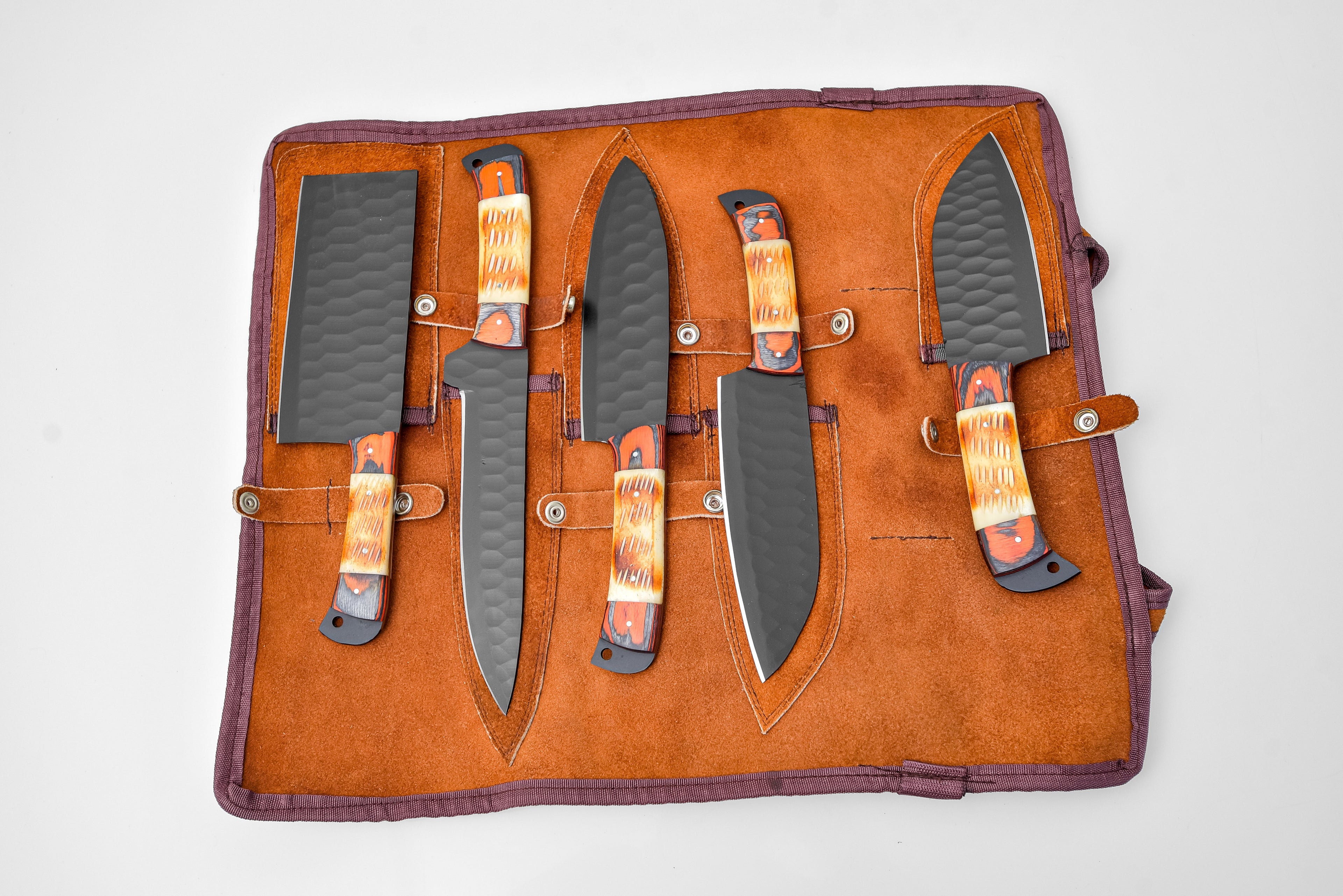 5-Piece Knife Set / With Leather carry Bag Burnt Bone - TK-089 X