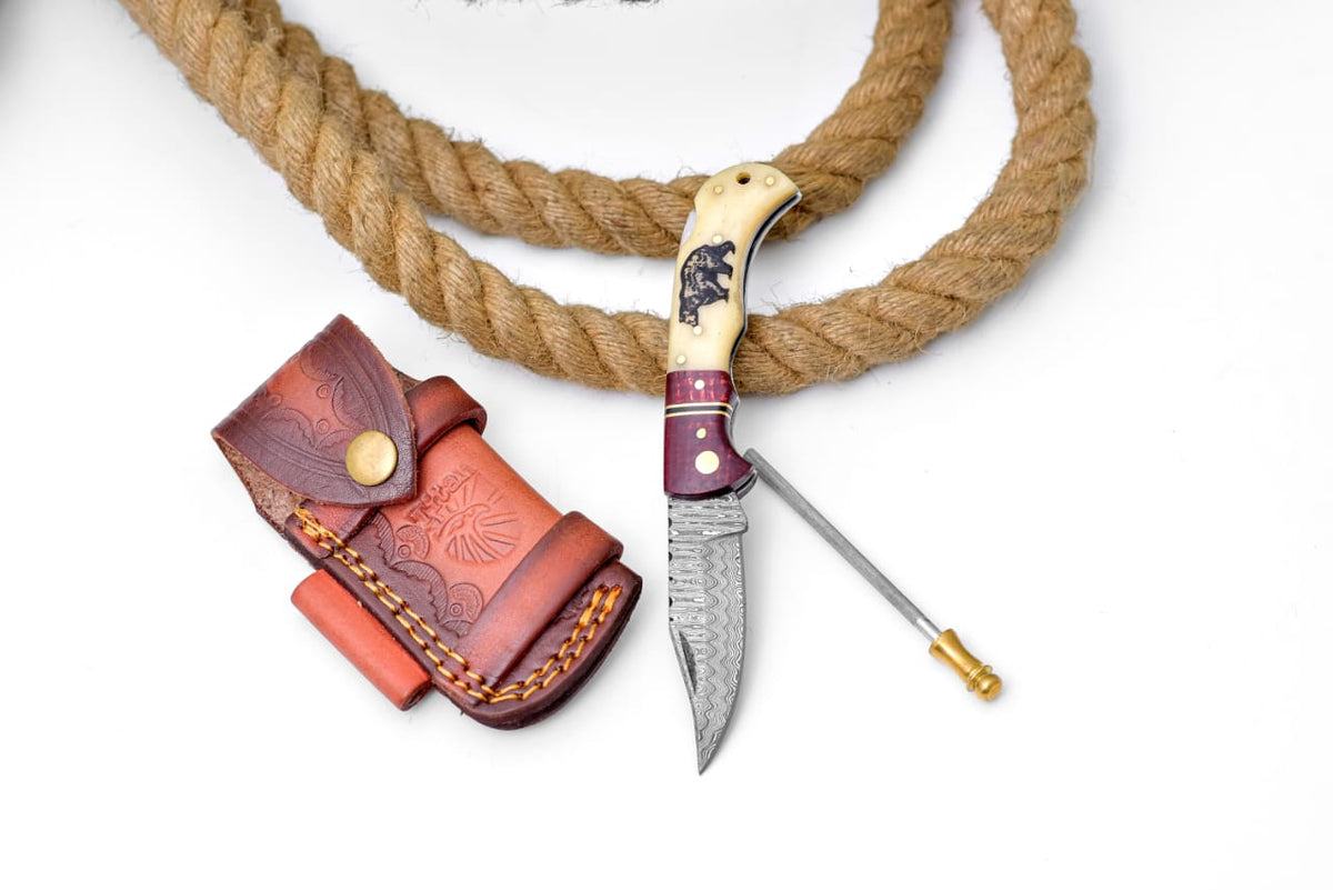 Bear Engraved Damascus Folding Knife with Leather Sheath - TF-122