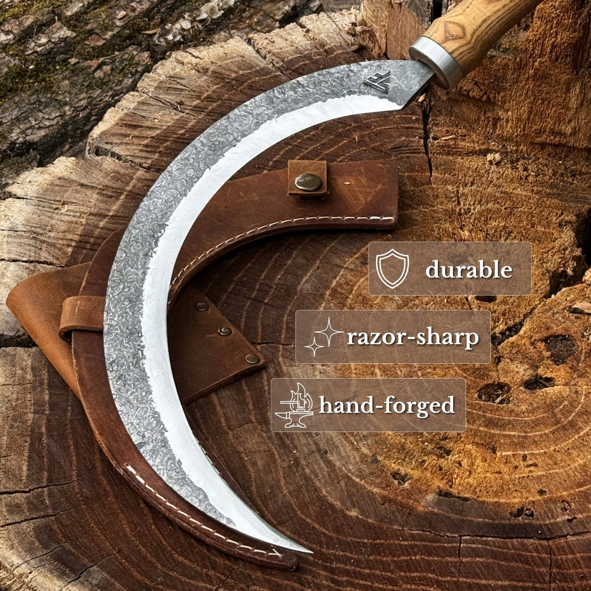 Hand-Forged Large Sickle, ⌀19 cm (7.5 inches) Blade, Leather Belt Attachment