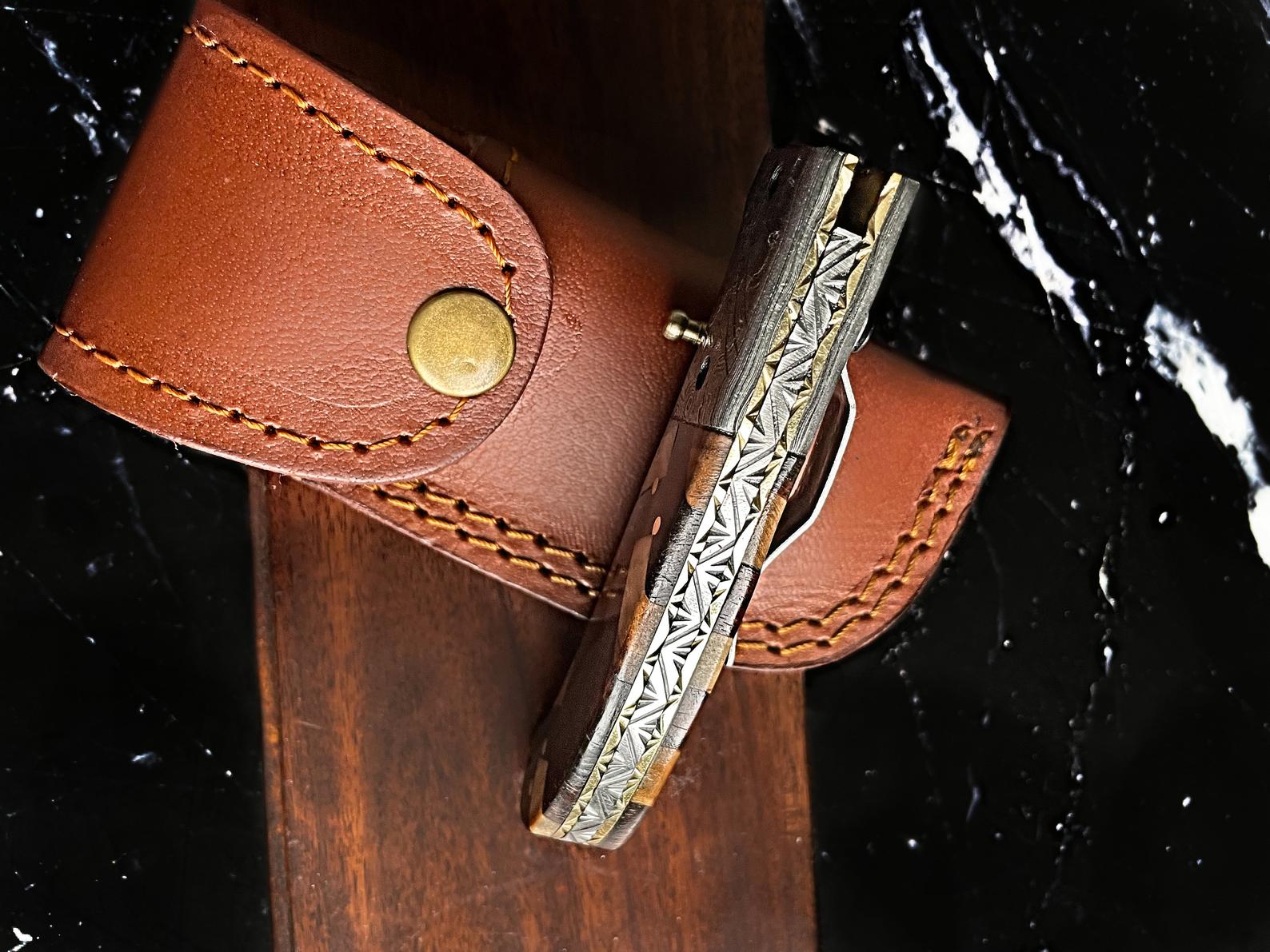 Custom Checkered Titan classico - Raindrop Damascus folding blade/ EDC/ Checkered (Walnut & Olive) TF-001Y