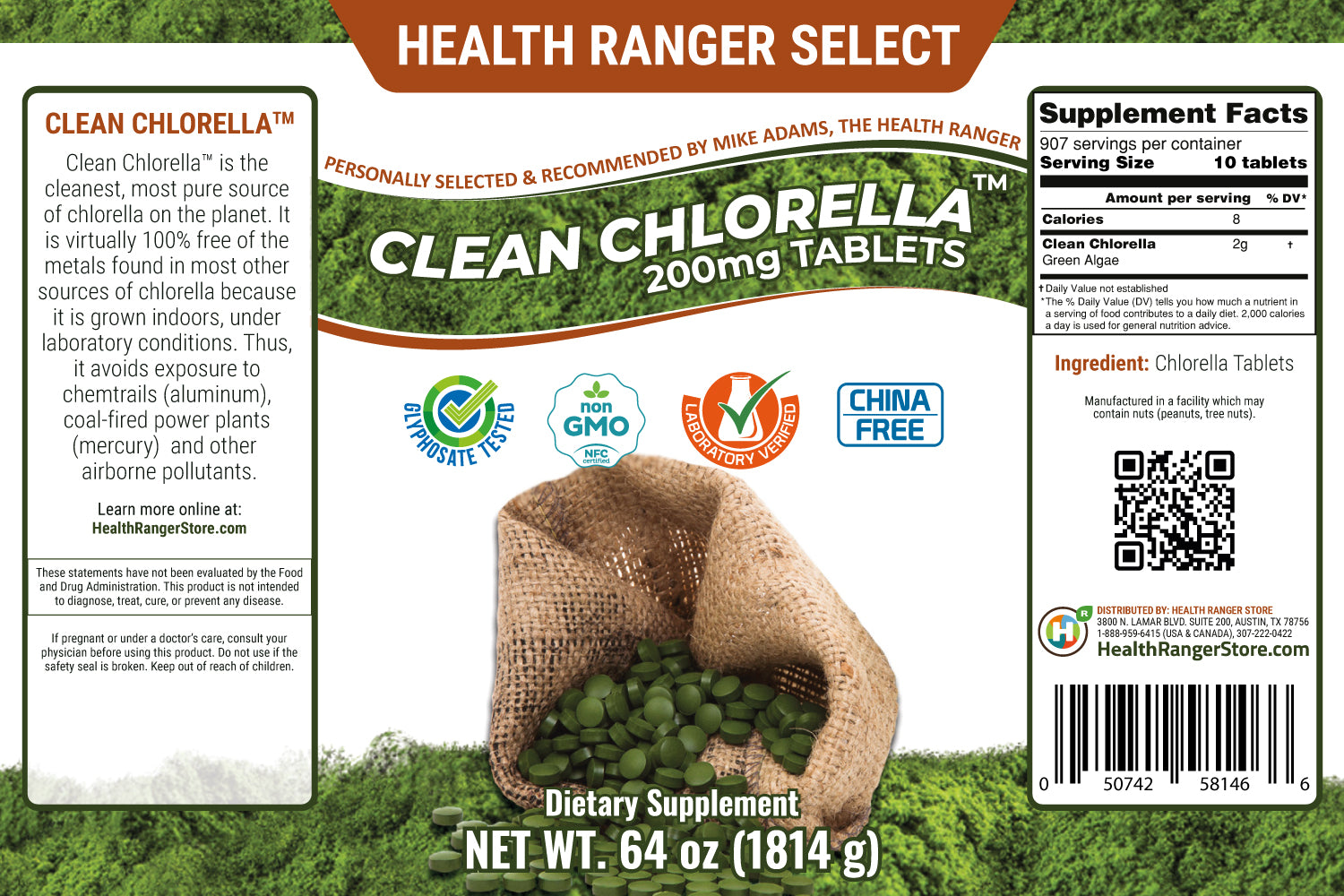 Clean Chlorella 200mg Tablets (64oz, 1814g)
