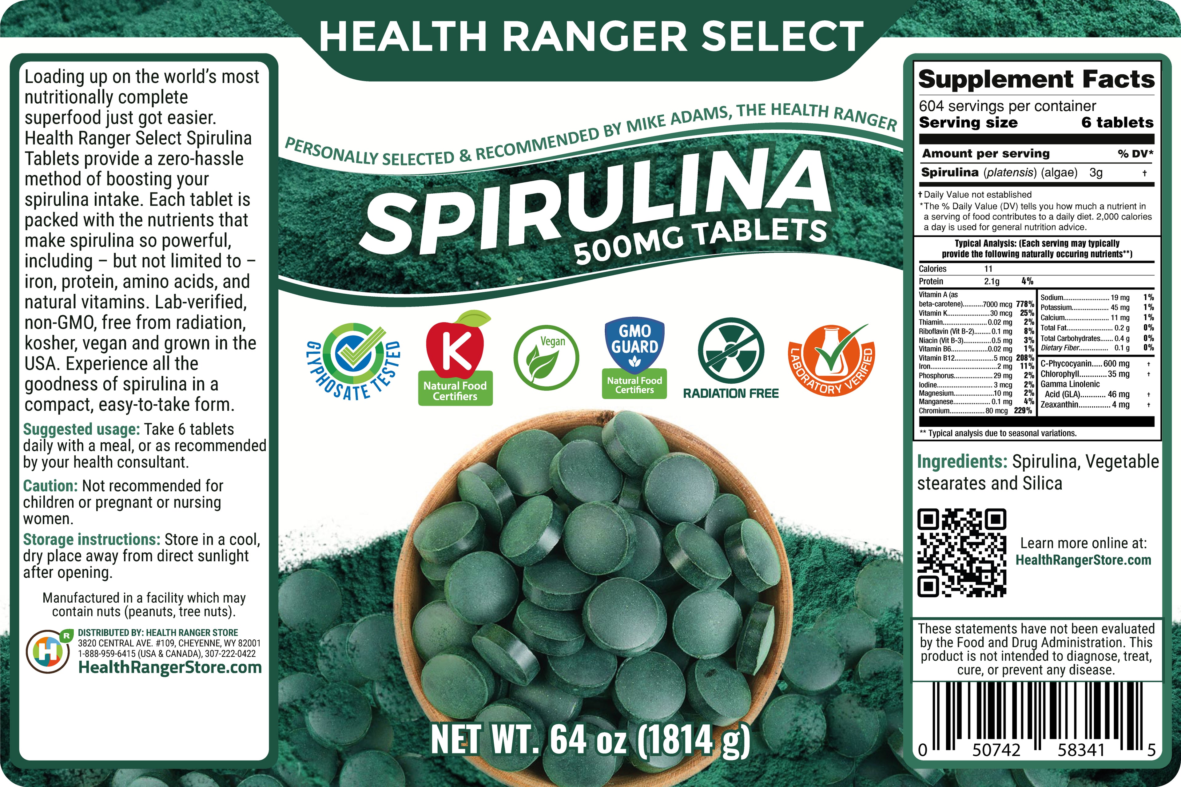 Health Ranger Select Spirulina 500mg Tablets 64oz (1814g)