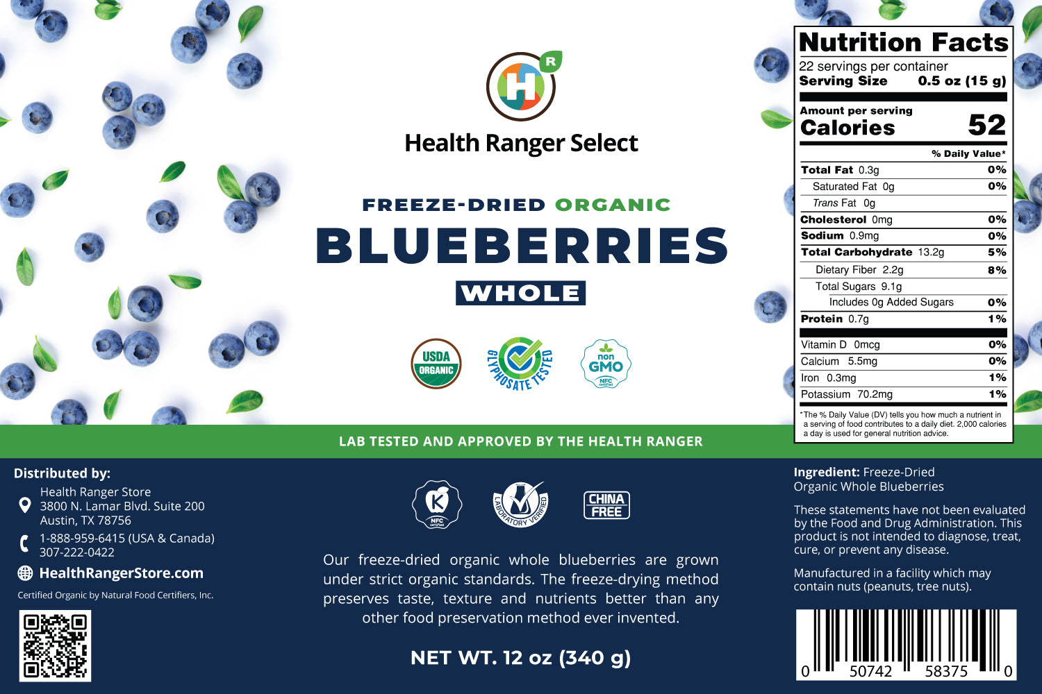 Freeze-Dried Organic Whole Blueberries (12oz, 