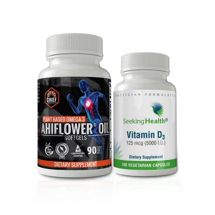 Ultimate Brain Booster Combo Pack: Vitamin D3 5000 IU + Ahiflower Oil- Plant-Based Omega 3-6-9