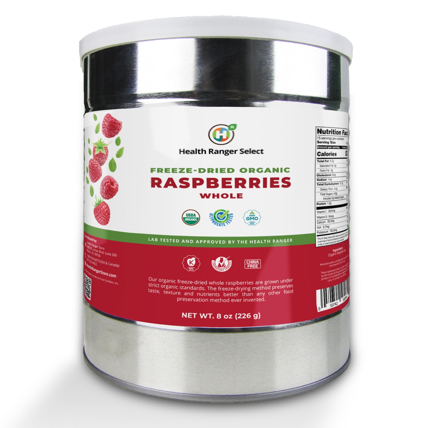 Freeze-Dried Organic Whole Raspberries (8oz, 