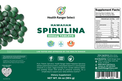 Hawaiian Spirulina Cold Pressed 500mg Tablets (64oz, 1814g), approximately 3628 tablets  (