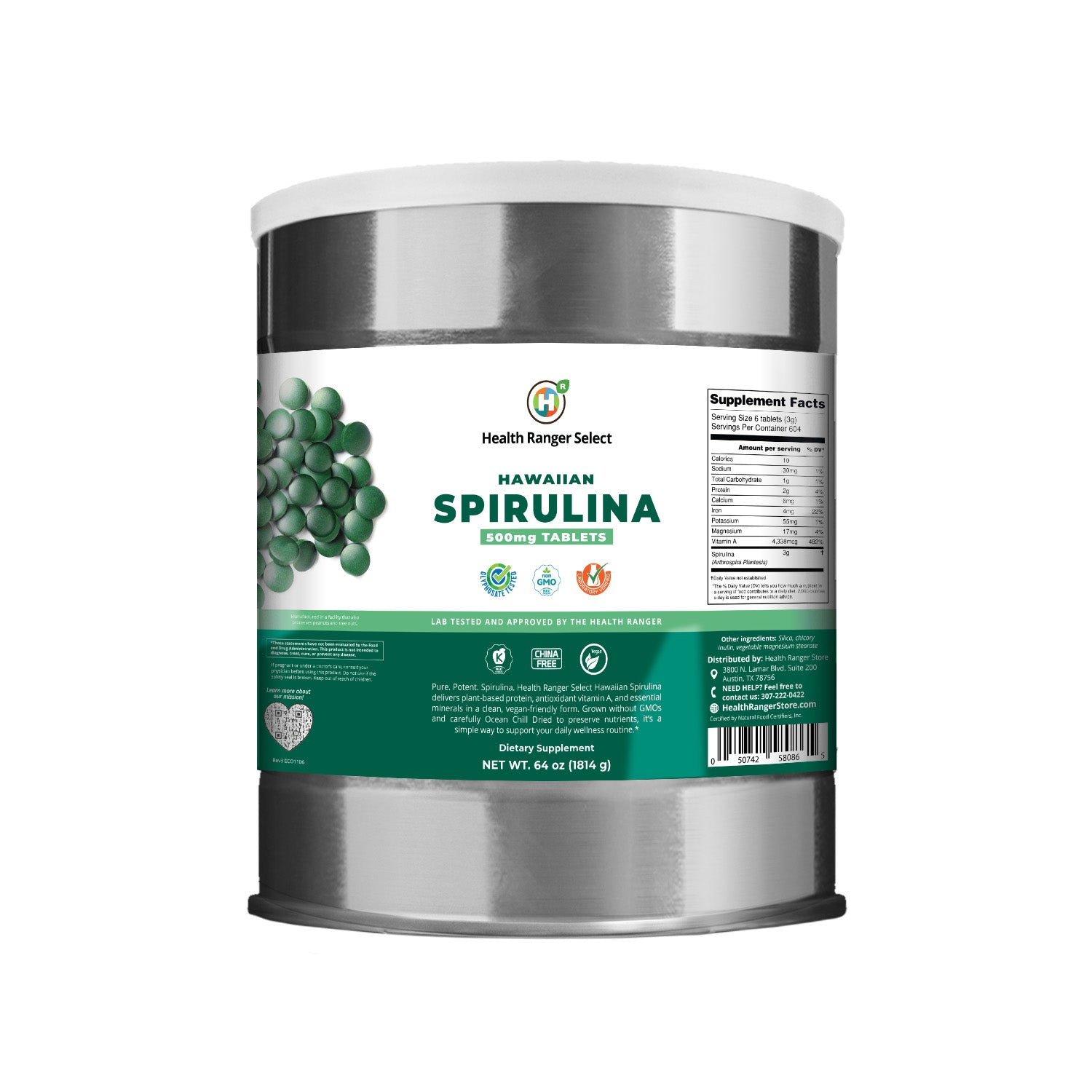 Hawaiian Spirulina Cold Pressed 500mg Tablets (64oz, 1814g), approximately 3628 tablets  (