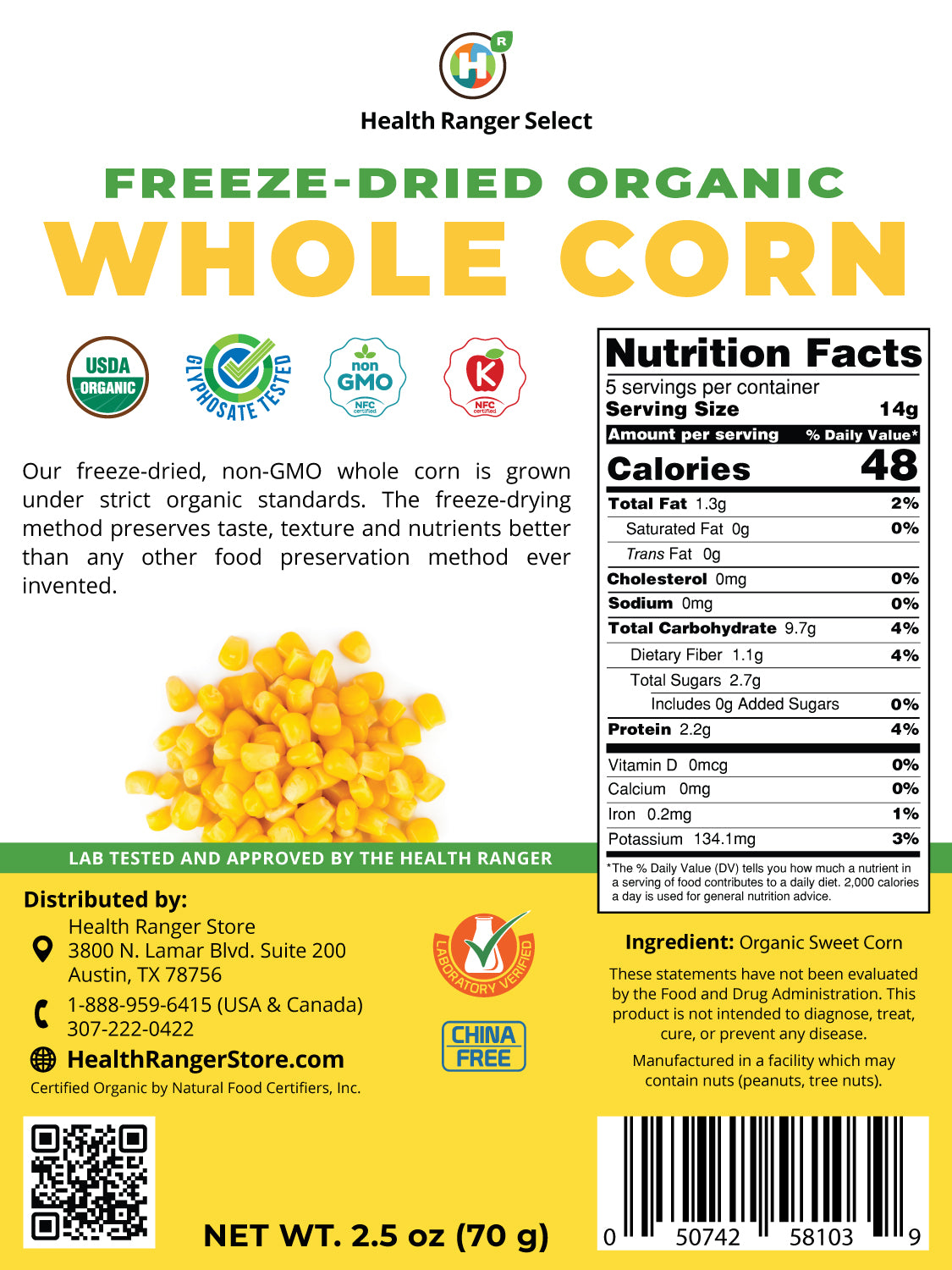 Freeze-Dried Organic Whole Corn 2.5 oz (70g)