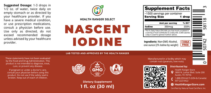 Health Ranger's Nascent Iodine 1 fl oz (30ml) - 2% Strength (Cap - For Long Term Storage)