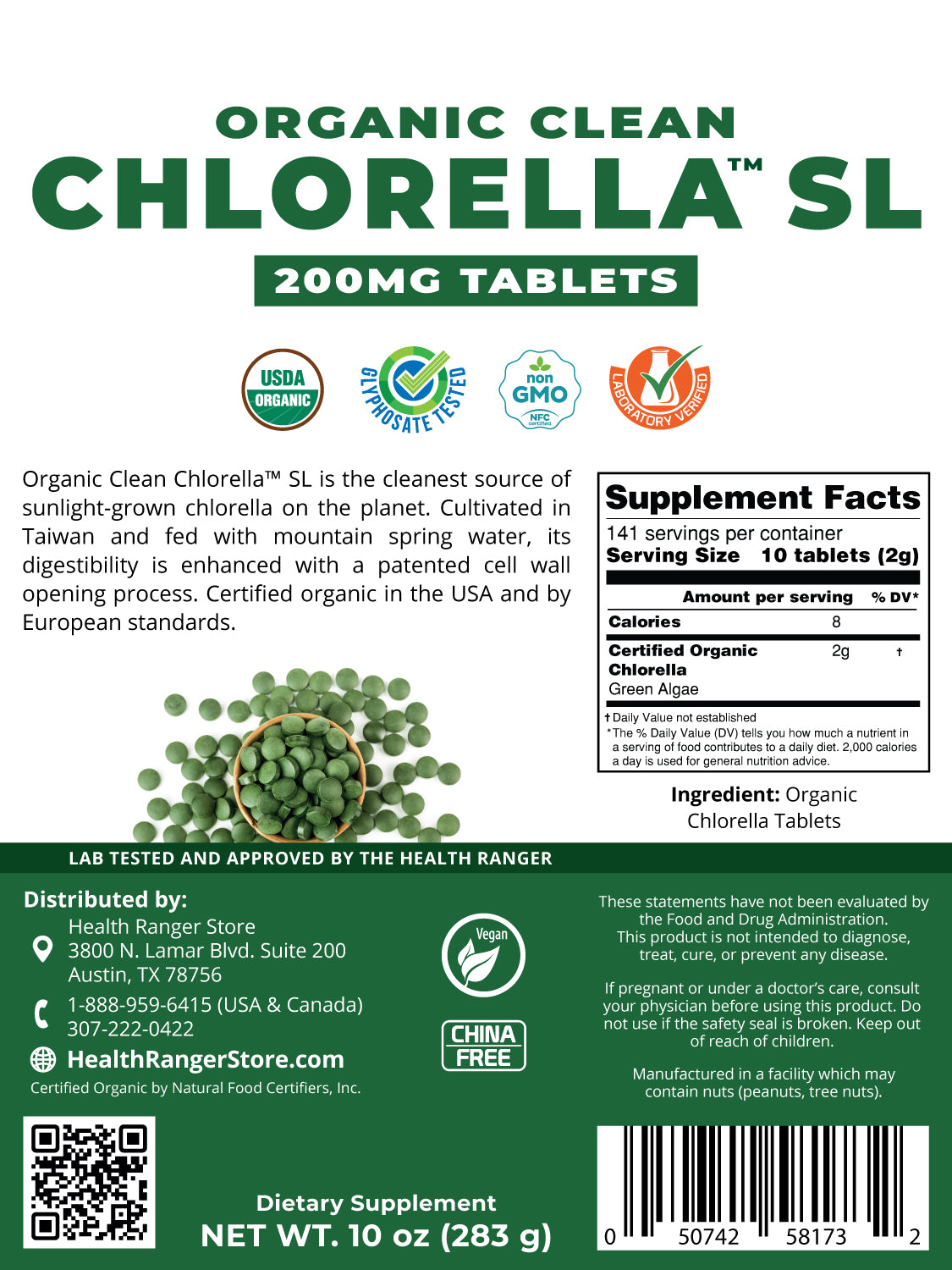 Organic Clean Chlorella SL 200mg Tablets (10oz, 283g), approximately 1415 tablets