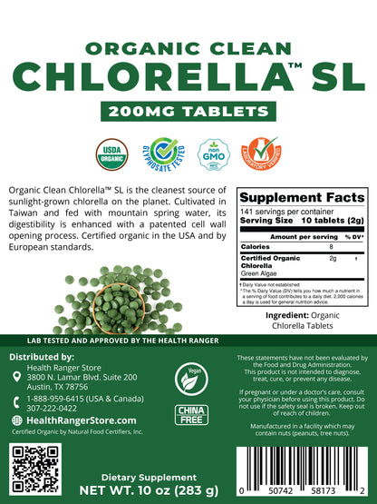 Organic Clean Chlorella SL 200mg Tablets (10oz, 283g), approximately 1415 tablets (6-Pack)