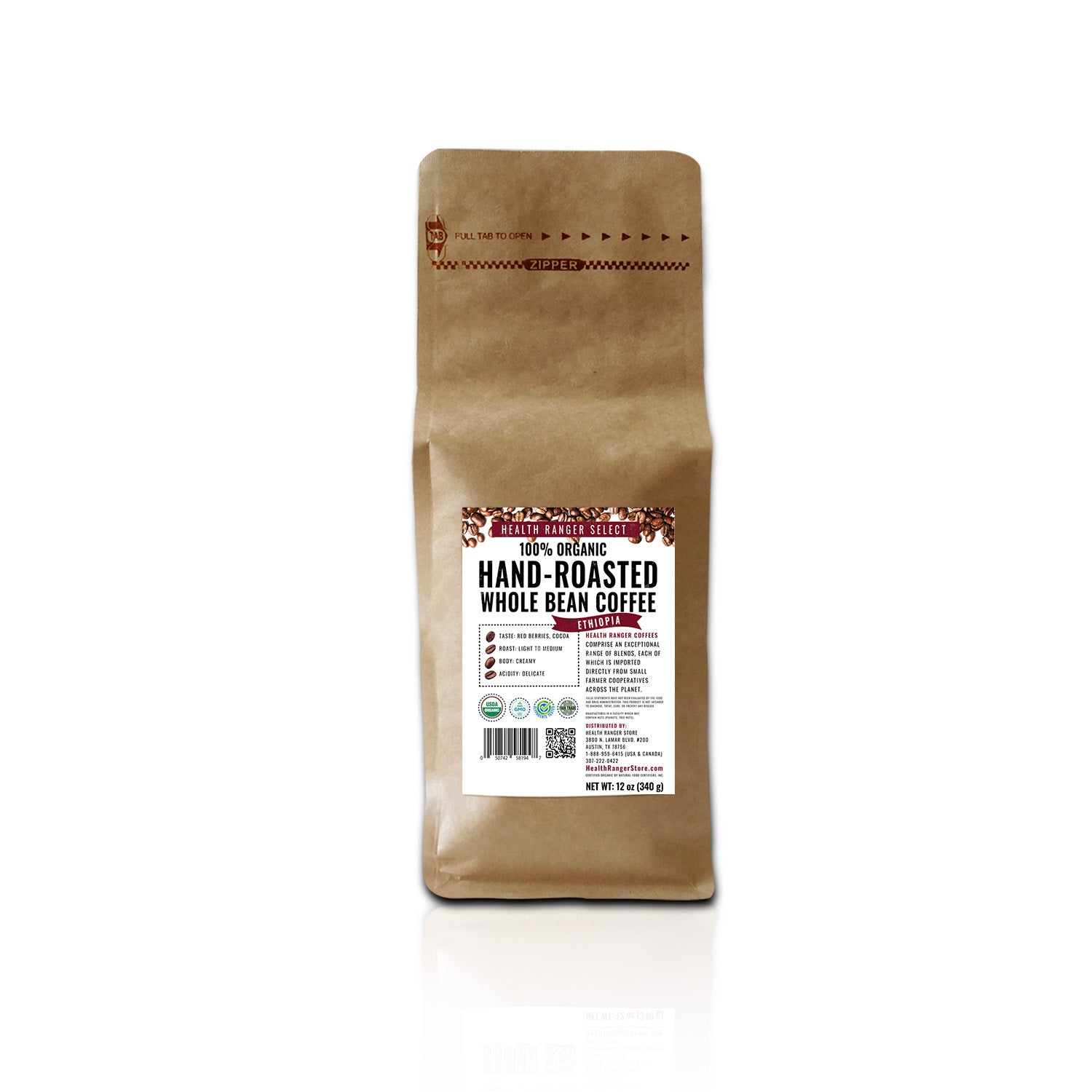 100% Organic Hand-Roasted Whole Bean Coffee (Ethiopia) 12oz, 340g (3-Pack)