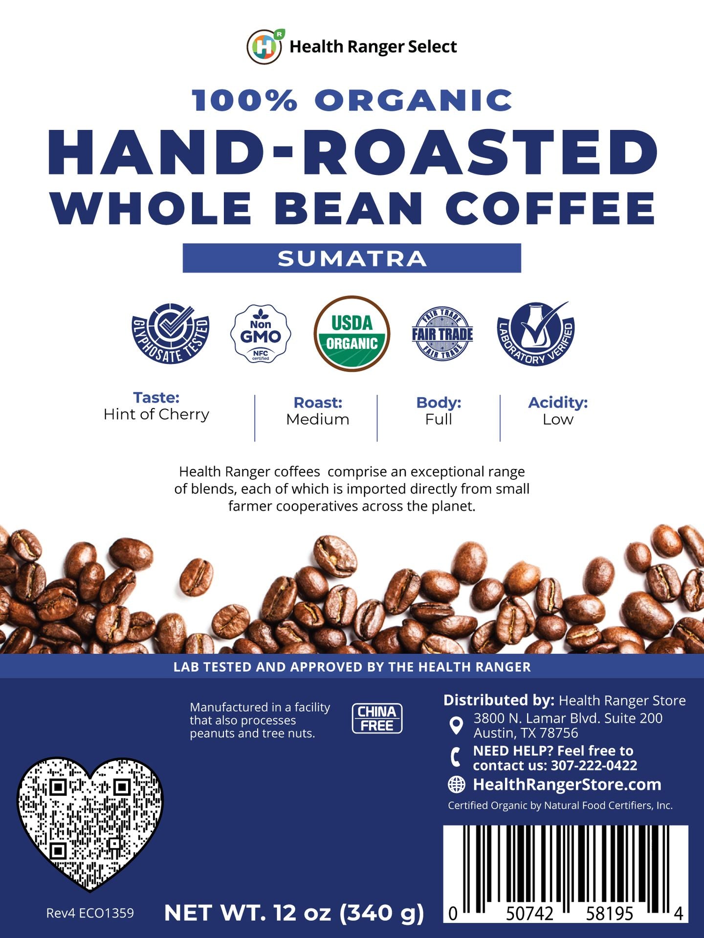 100% Organic Hand-Roasted Whole Bean Coffee (Sumatra) 12oz, 340g