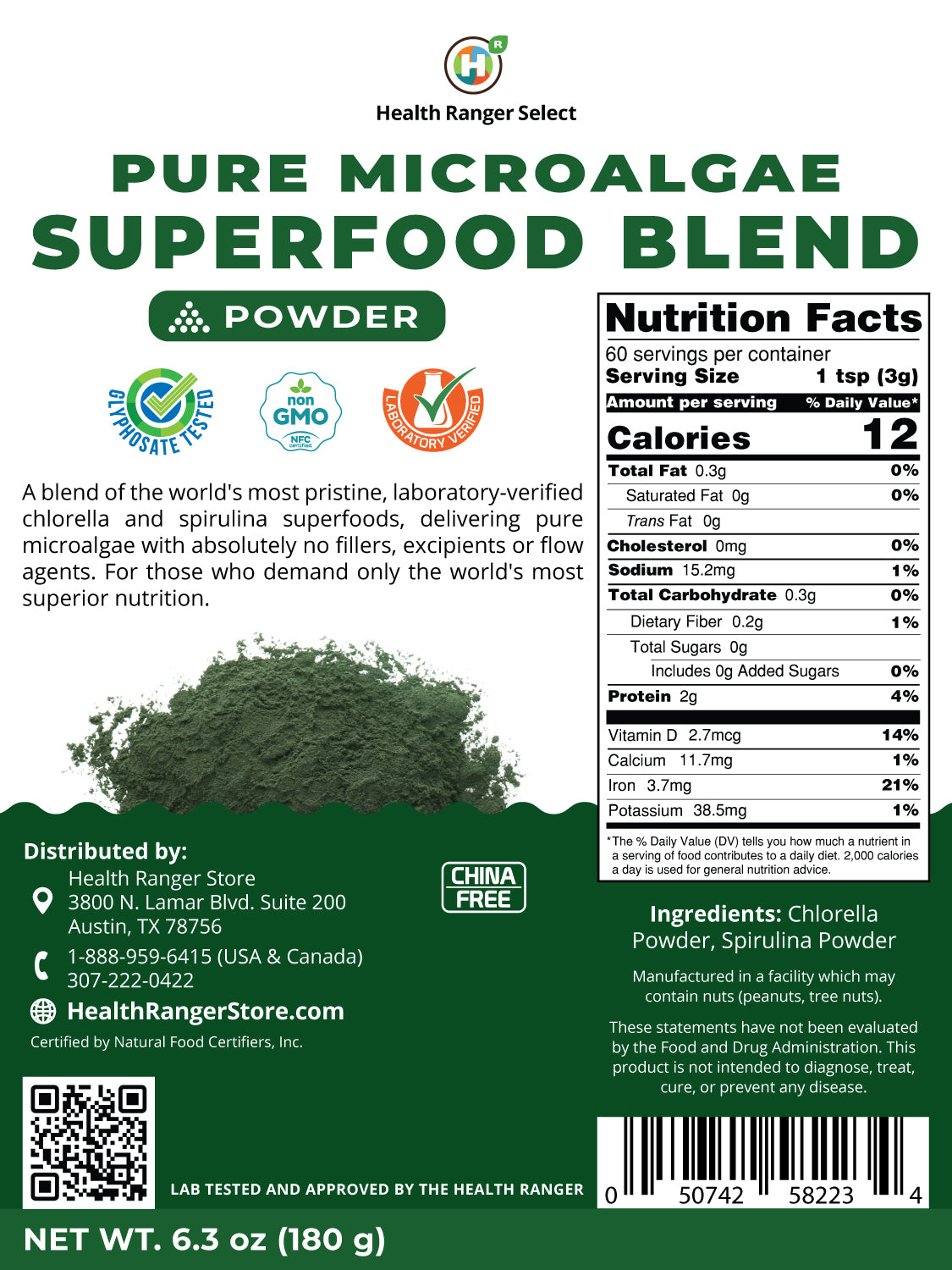 Pure Microalgae Superfood Blend Powder 6.3oz 180g
