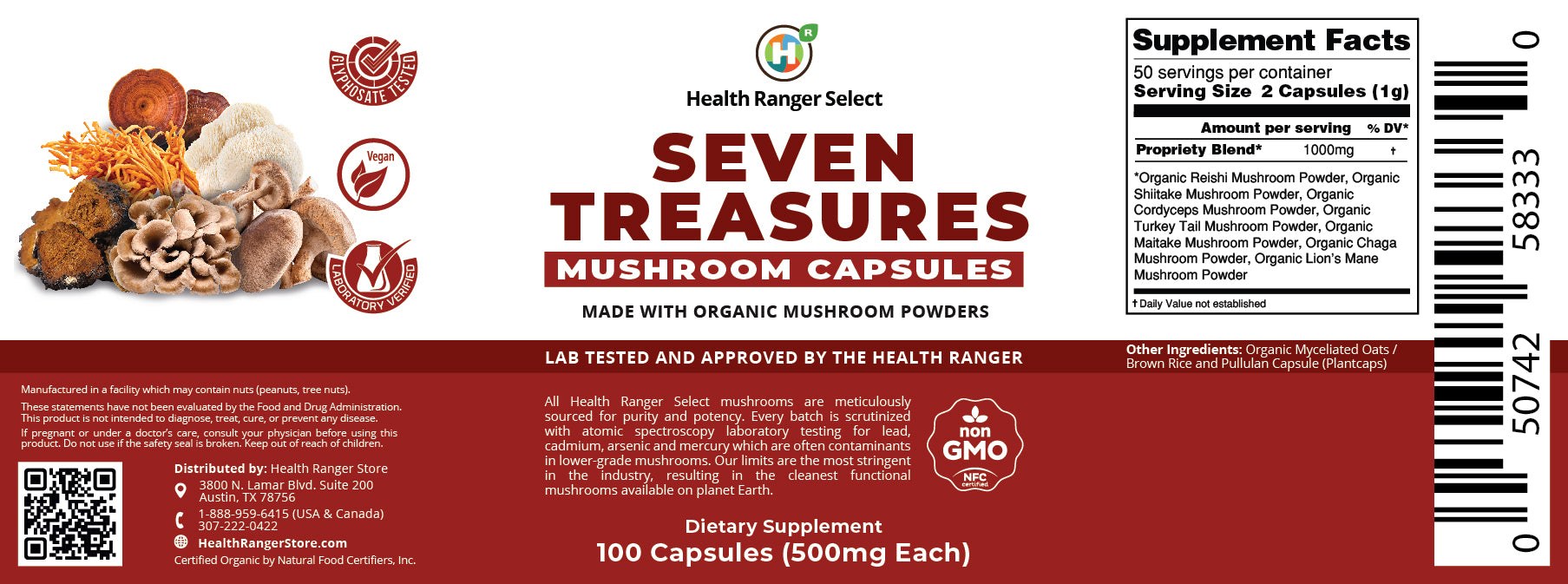 Seven Treasures Mushroom 100 caps (500mg) (Made With Organic Mushroom Powders) (6-Pack)
