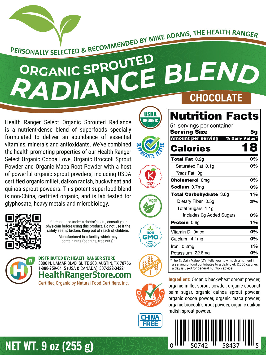 Health Ranger Select Organic Sprouted Radiance Blend (Chocolate) 9oz (255g)