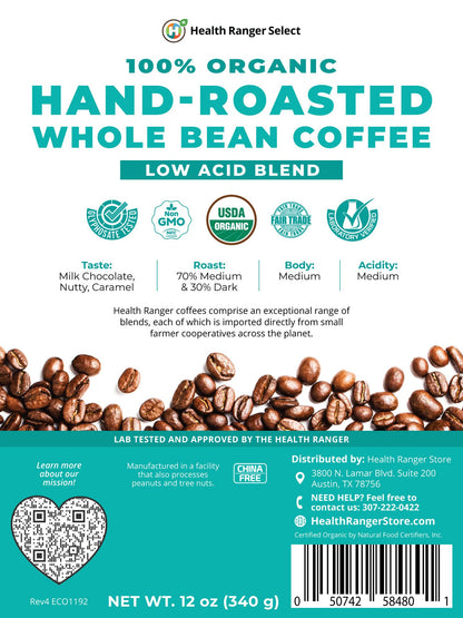 100% Organic Hand-Roasted Whole Bean Coffee (Low Acid Blend) 12oz, 340g