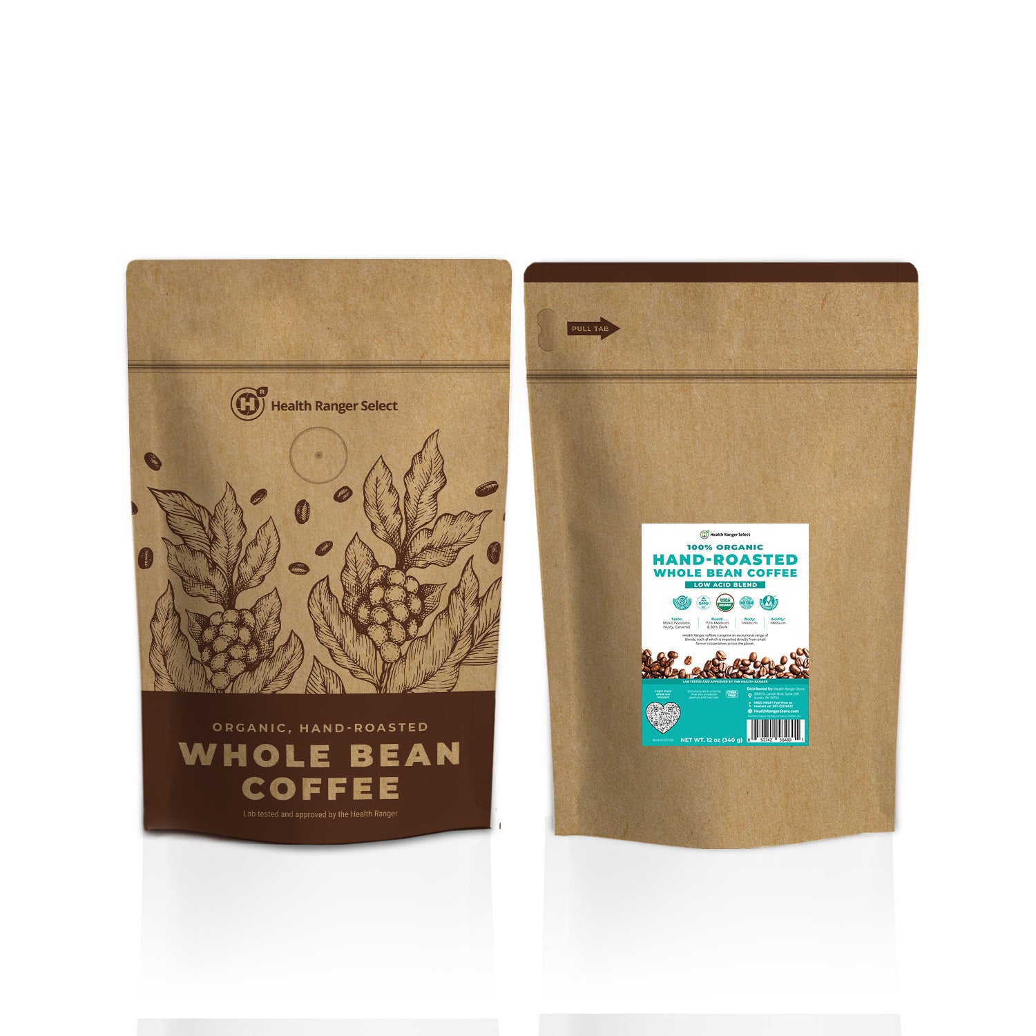 100% Organic Hand-Roasted Whole Bean Coffee (Low Acid Blend) 12oz, 340g